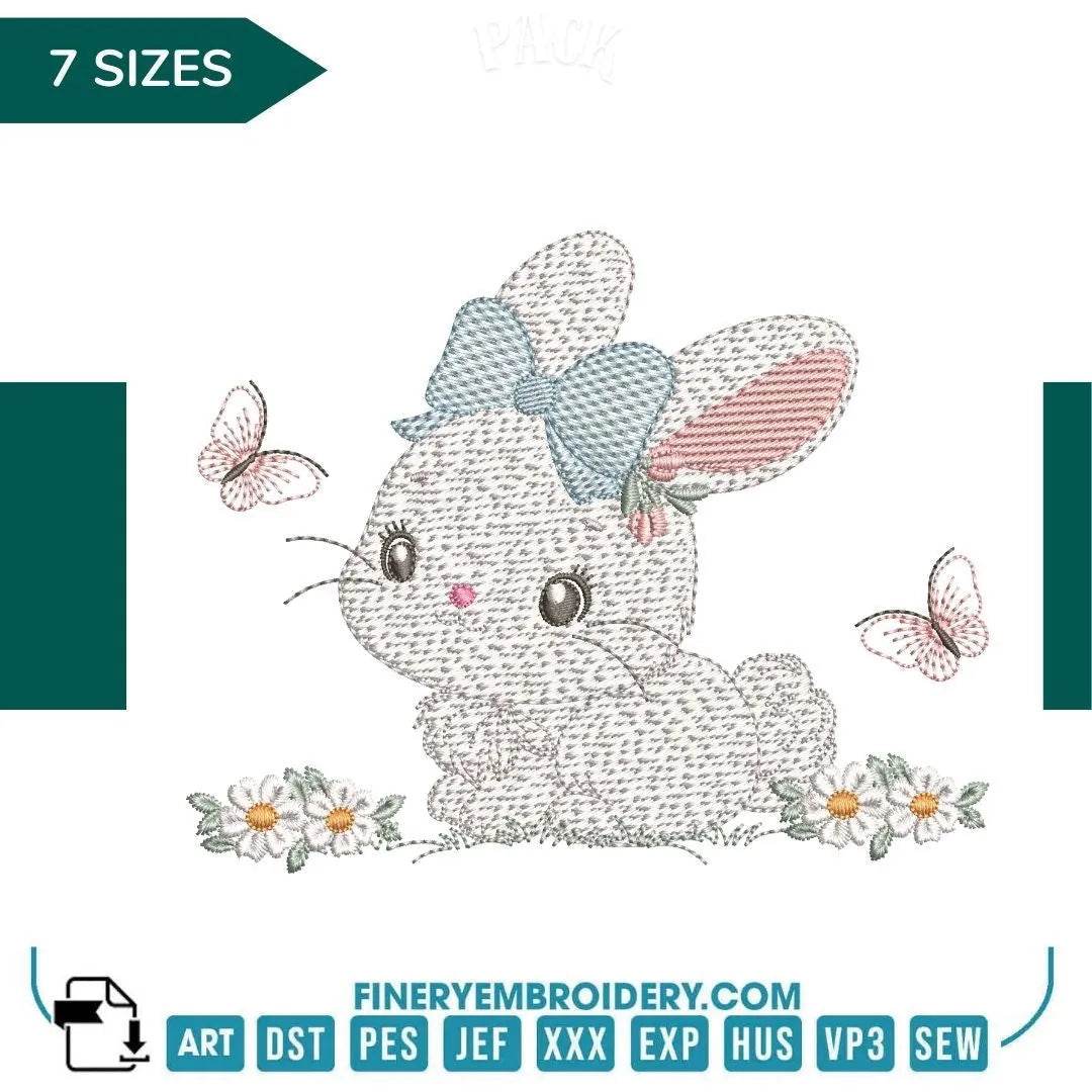 Adorable Bunny with Bow Embroidery Design - 7 Sizes | FineryEmbroidery