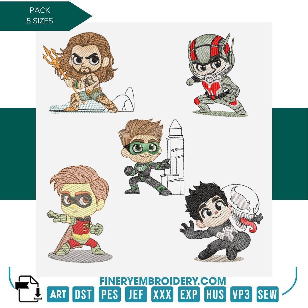 Superheroes Embroidery Design Pack – 5 Exclusive Hero-Inspired Patterns in 5 Sizes