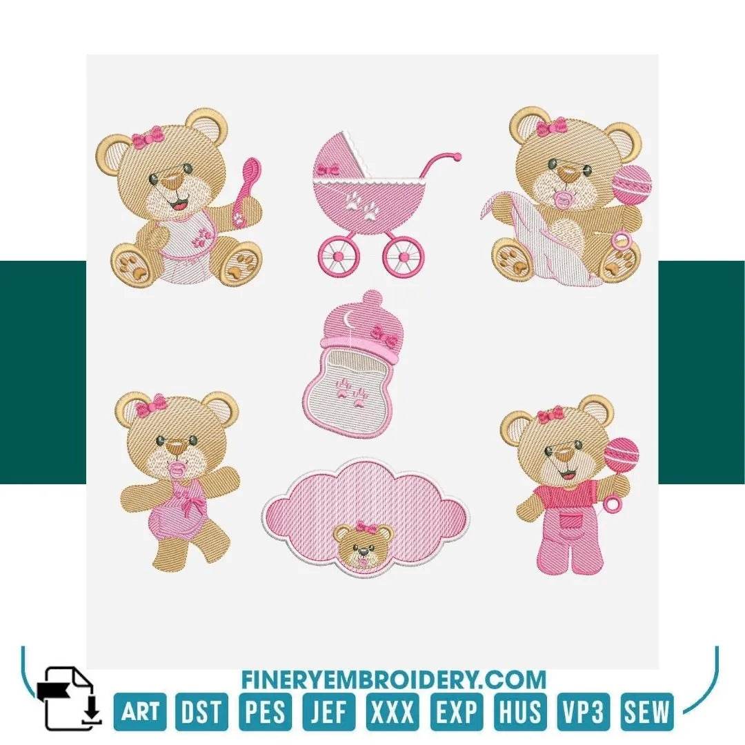 Baby Girl Bear Embroidery Design Pack – 7 Designs - 2 Sizes  | FineryEmbroidery