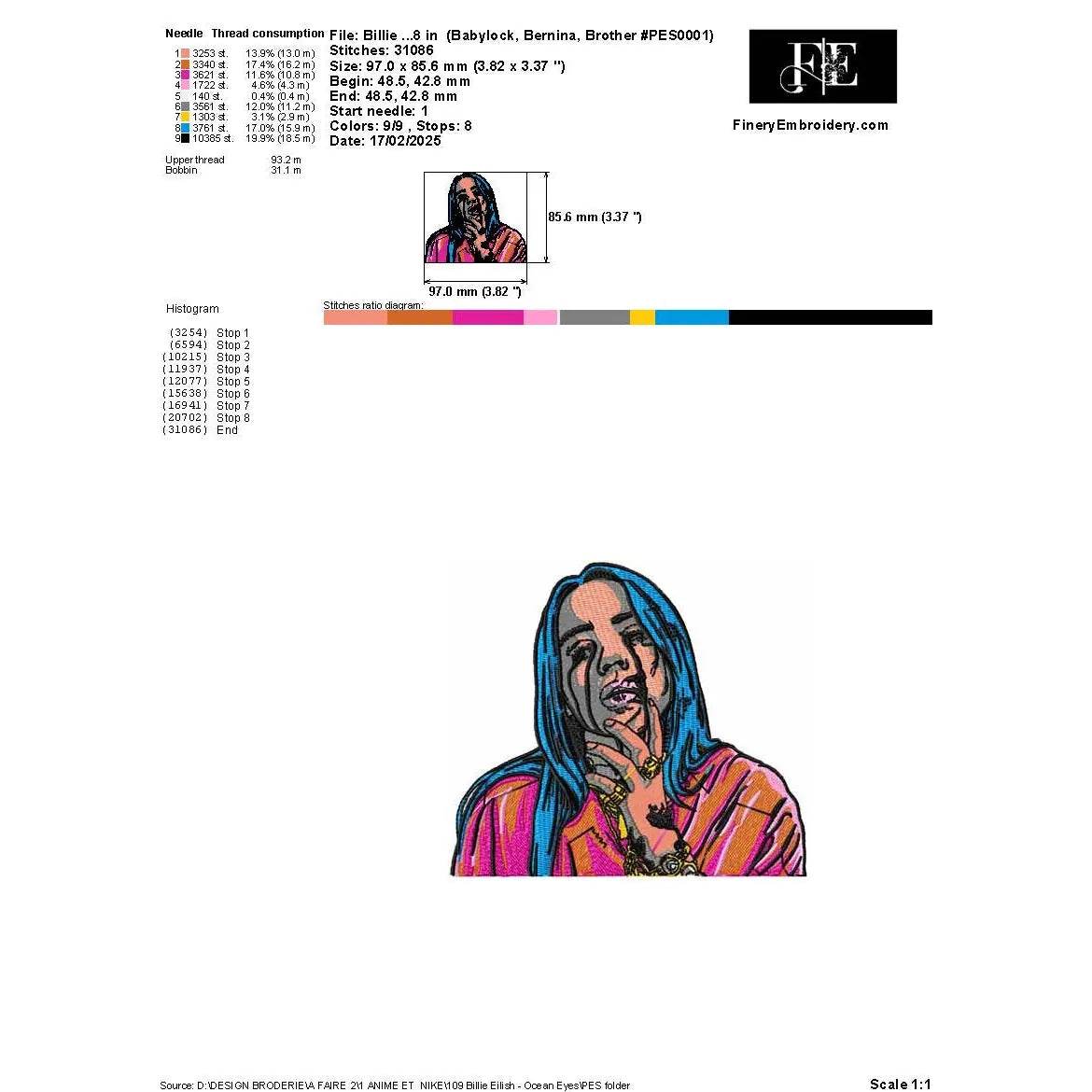 Billie Eilish Ocean Eyes Aesthetic Embroidery Design - Image 2