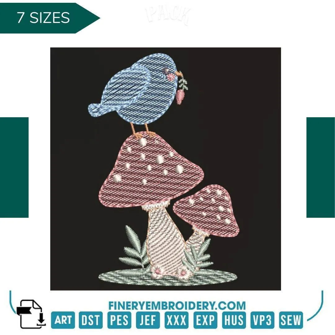 Charming blue bird on mushroom  – 7 Sizes