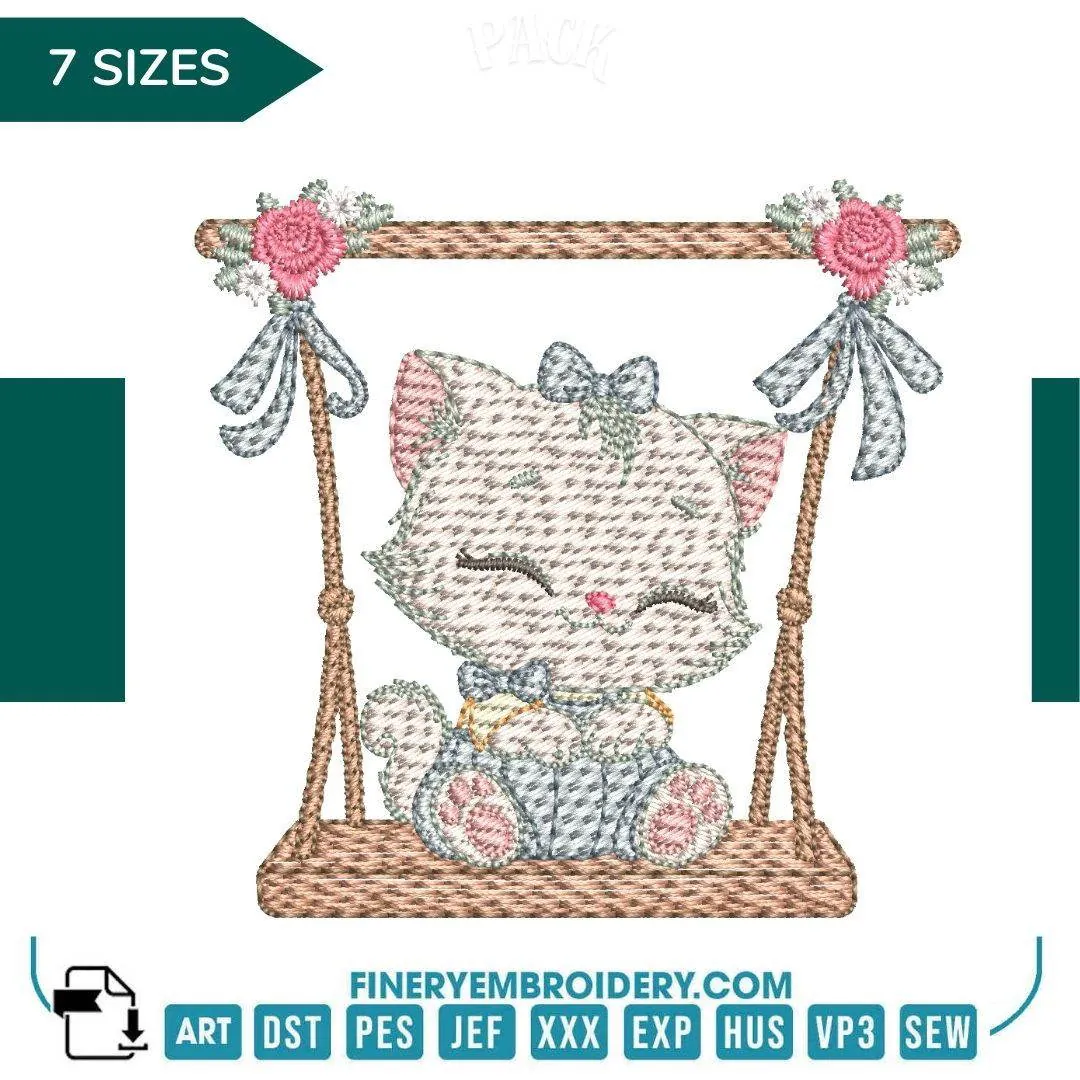 Charming Kitten on Swing Embroidery Design - 7 Sizes | FineryEmbroidery