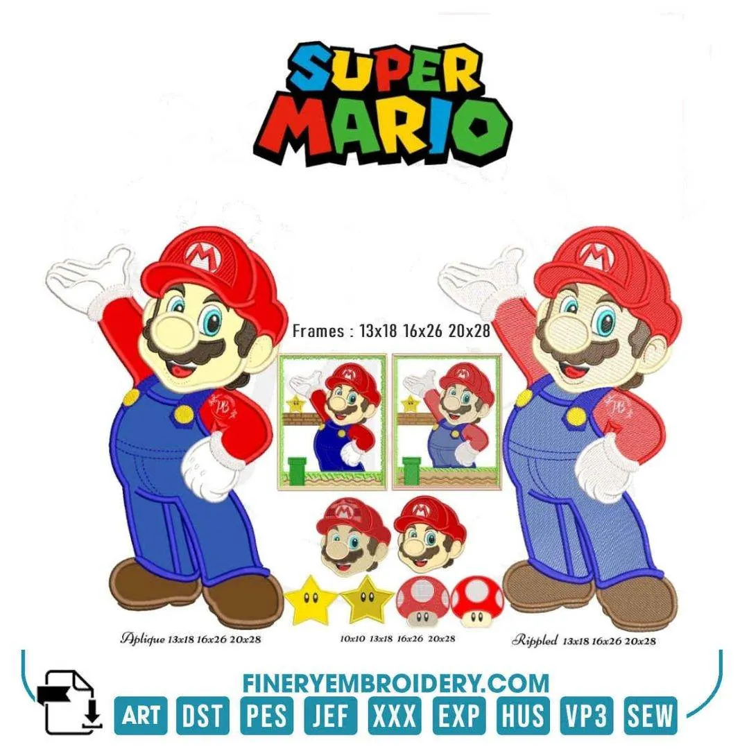Classic Super Mario Embroidery Design Pack | Applique & Rippled Styles with Multiple Sizes