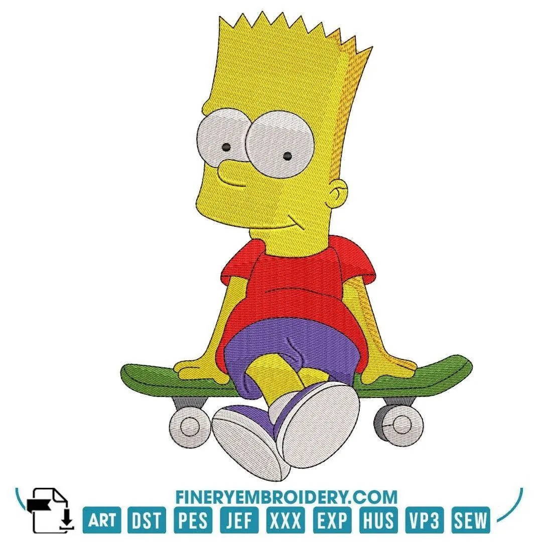 Cool Bart Simpson Embroidery Design with Skateboard - Image 2