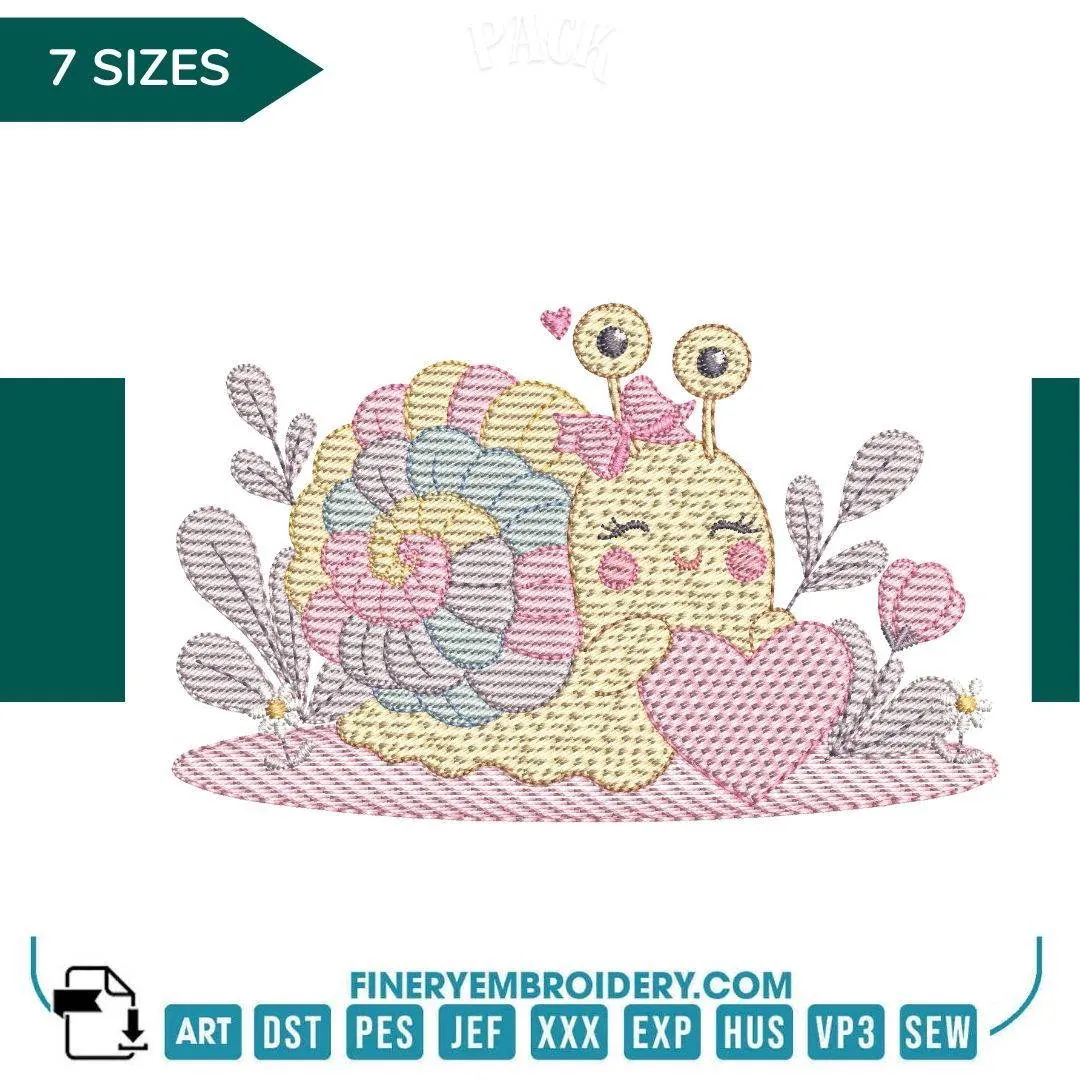 Cute Snail with Heart Embroidery Design - 7 Sizes | FineryEmbroidery