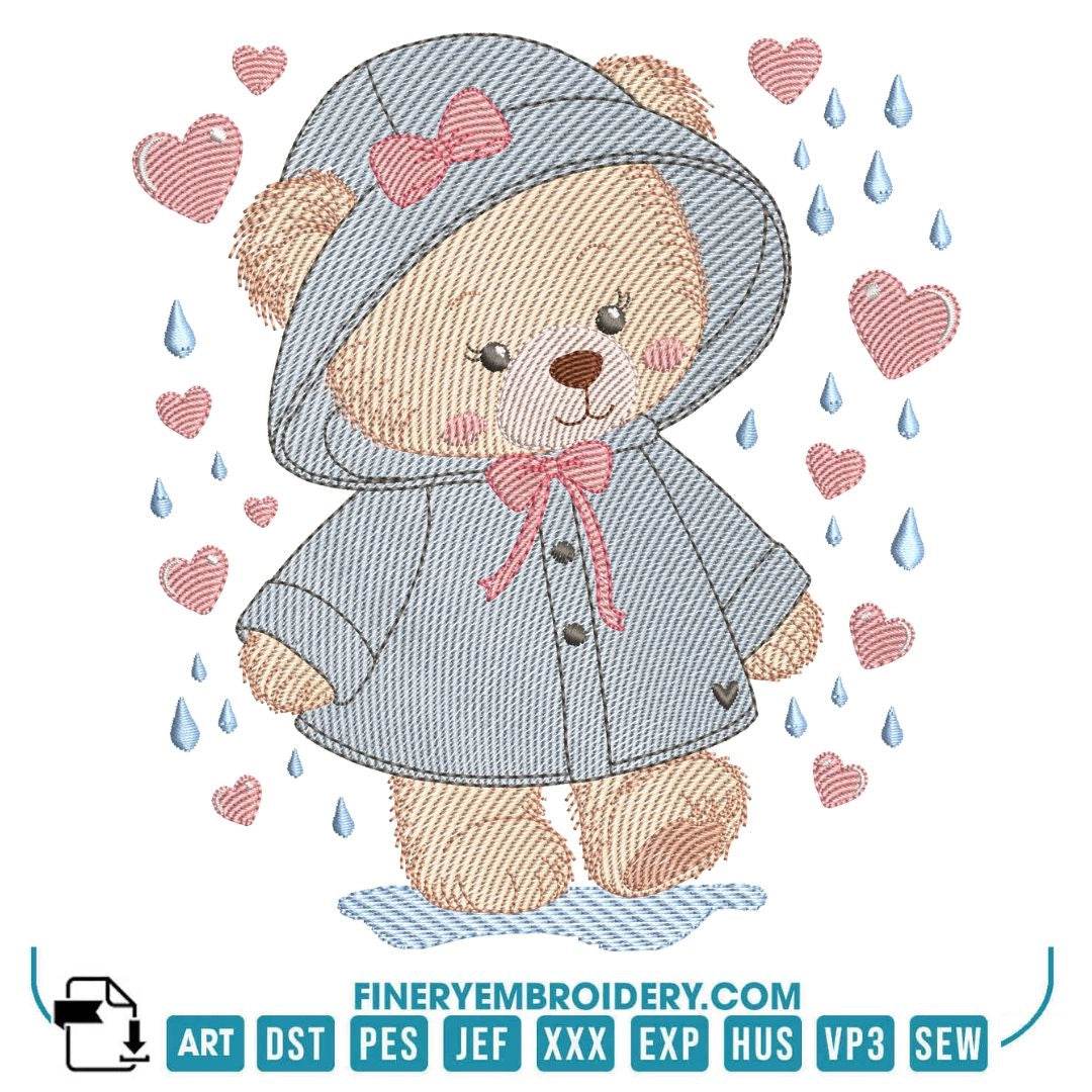 Adorable Teddy Bear in Rain Embroidery Design - Image 3