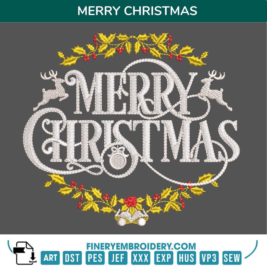 Elegant Merry Christmas Embroidery Design with Holly and Reindeer Accents