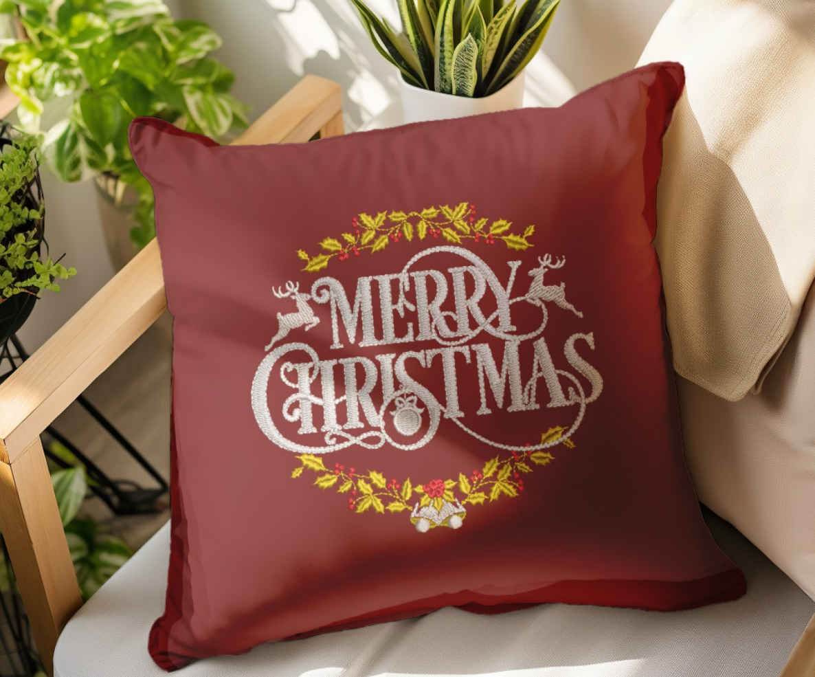 Elegant Merry Christmas Embroidery Design with Holly and Reindeer Accents - Image 2