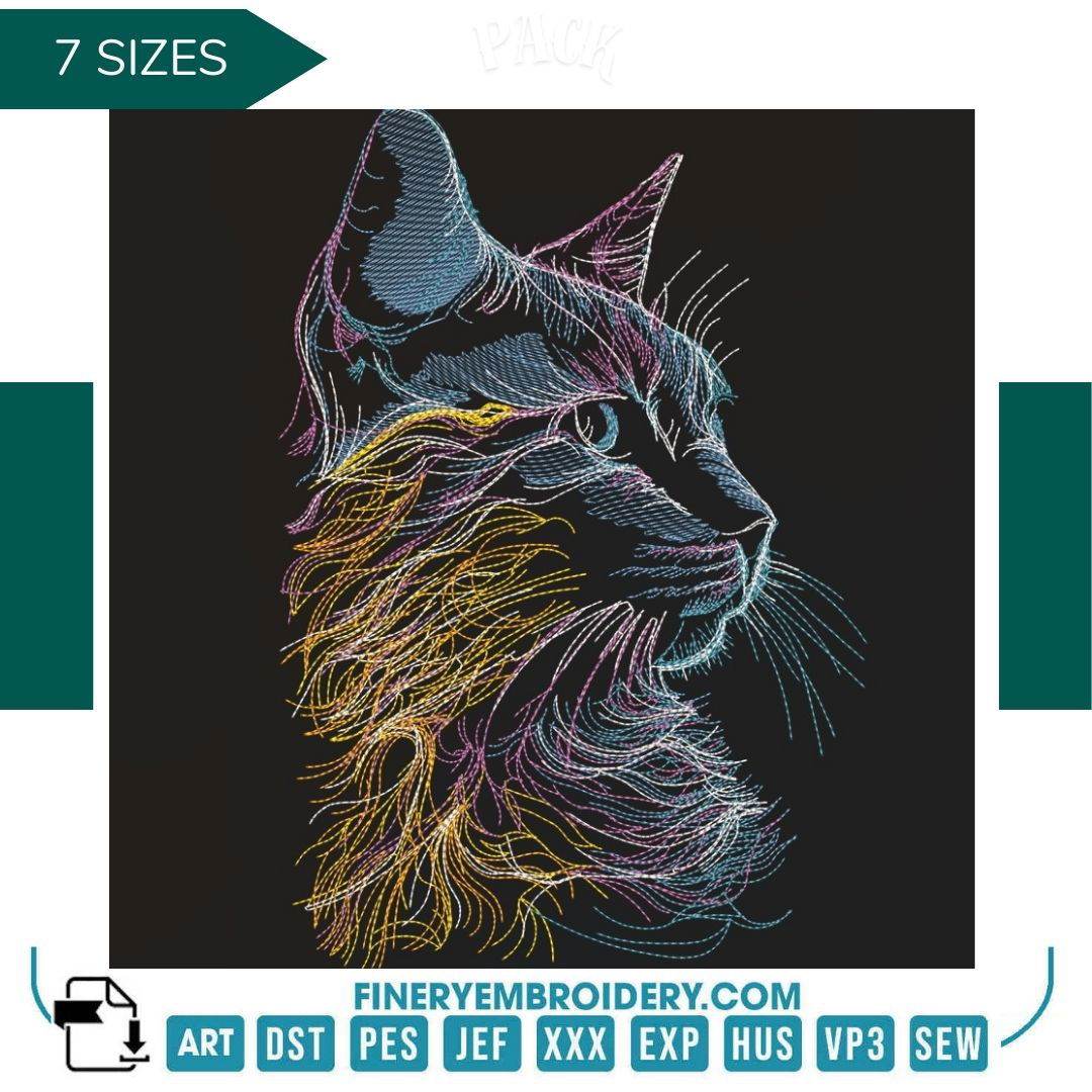 Elegant Multicolor Cat Embroidery Design - 7 Sizes- Embroidery Design