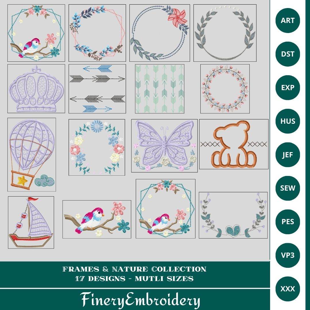 Frames & Nature Embroidery Design Pack - 17 Unique Designs in Multiple Sizes