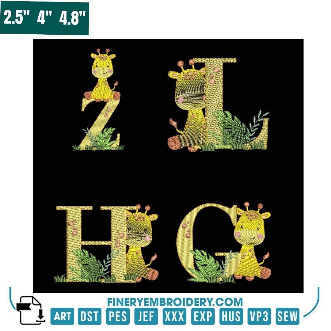 Giraffe Jungle Alphabet Embroidery Pack – Monogram Letters with Safari Theme