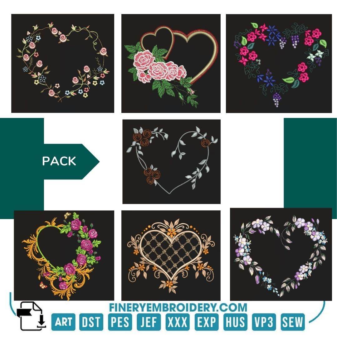Heart in bloom - 7 Embroidery designs Pack