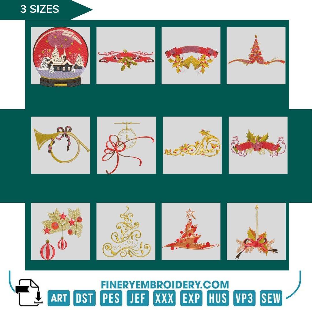 Holiday Decorations Embroidery Design Pack – 12 Festive designs - 3 Sizes