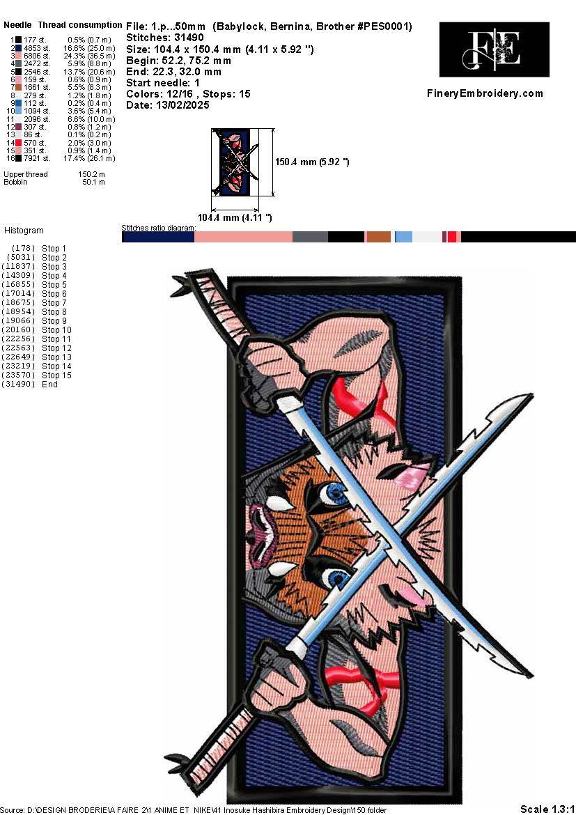Inosuke Hashibira Embroidery Design – 3 Sizes - Image 3