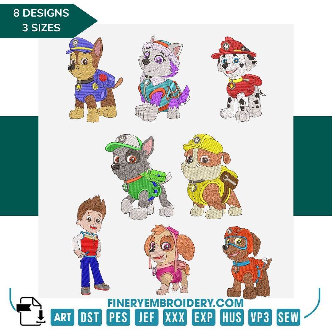 Paw Patrol Embroidery Design Pack – 8 Designs in 3 Sizes | FineryEmbroidery