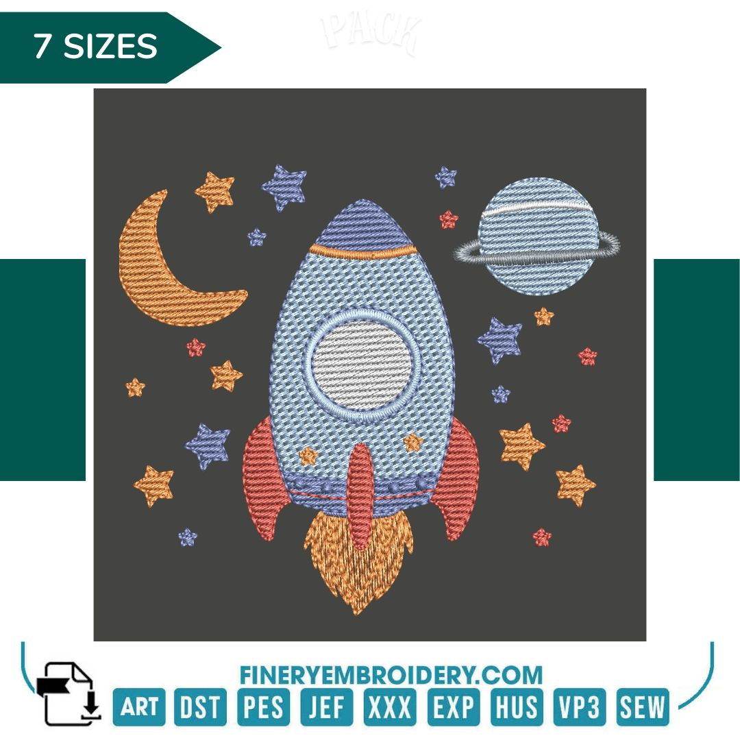 Rocket and Stars Embroidery Design | FineryEmbroidery