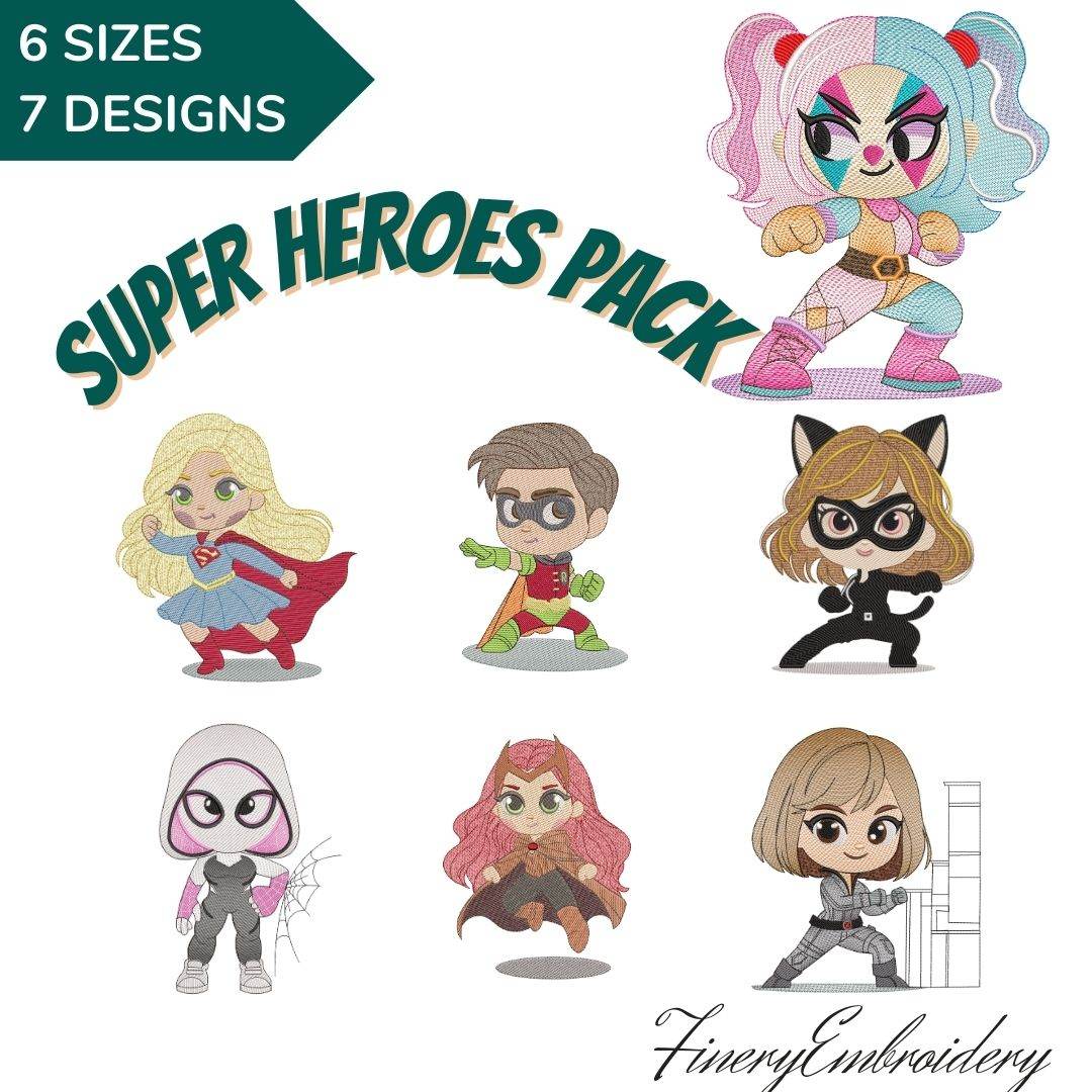 Super Heroes Embroidery Pack - 7 Designs in 6 Different Sizes