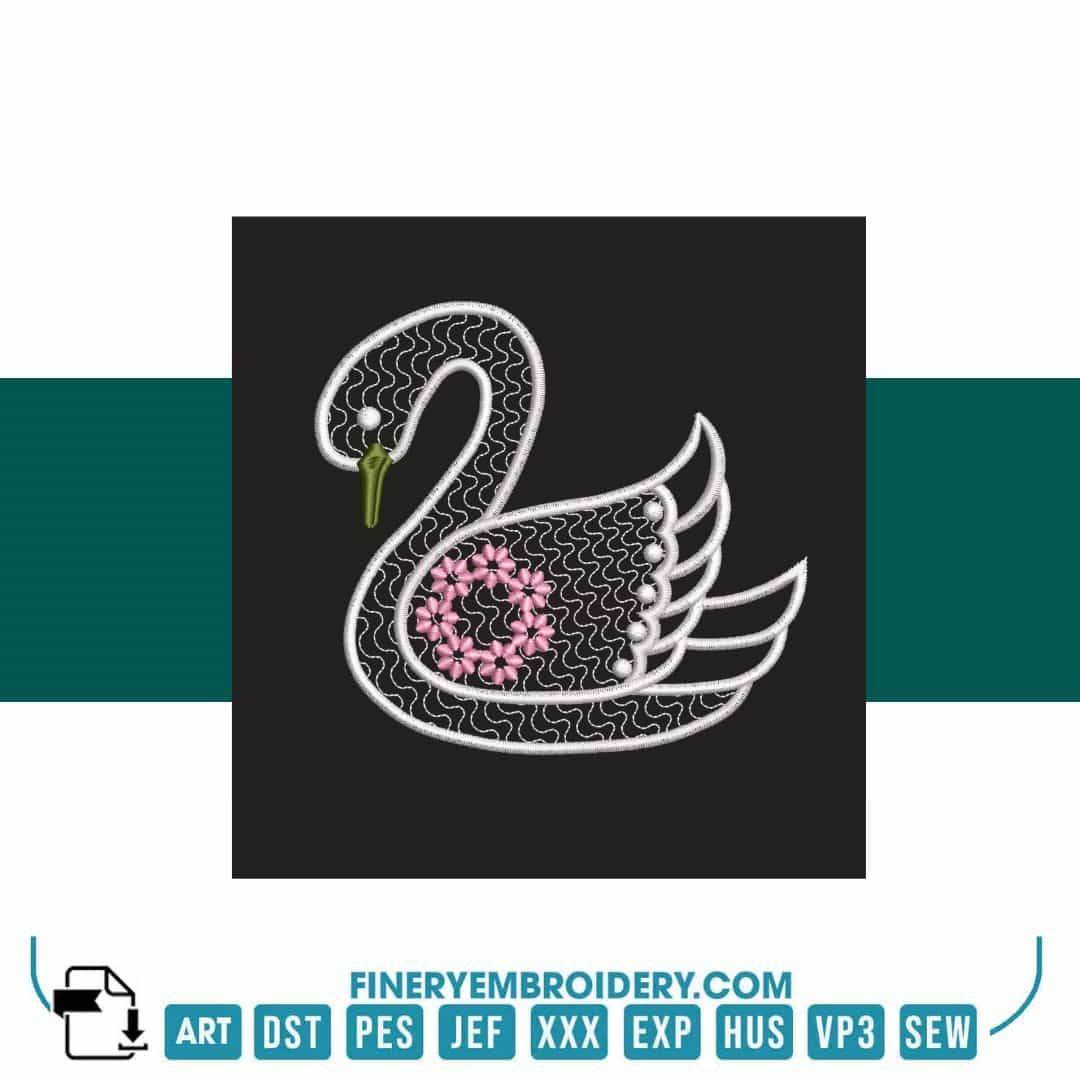 Swan Serenity 2: Exquisite White Embroidery Design