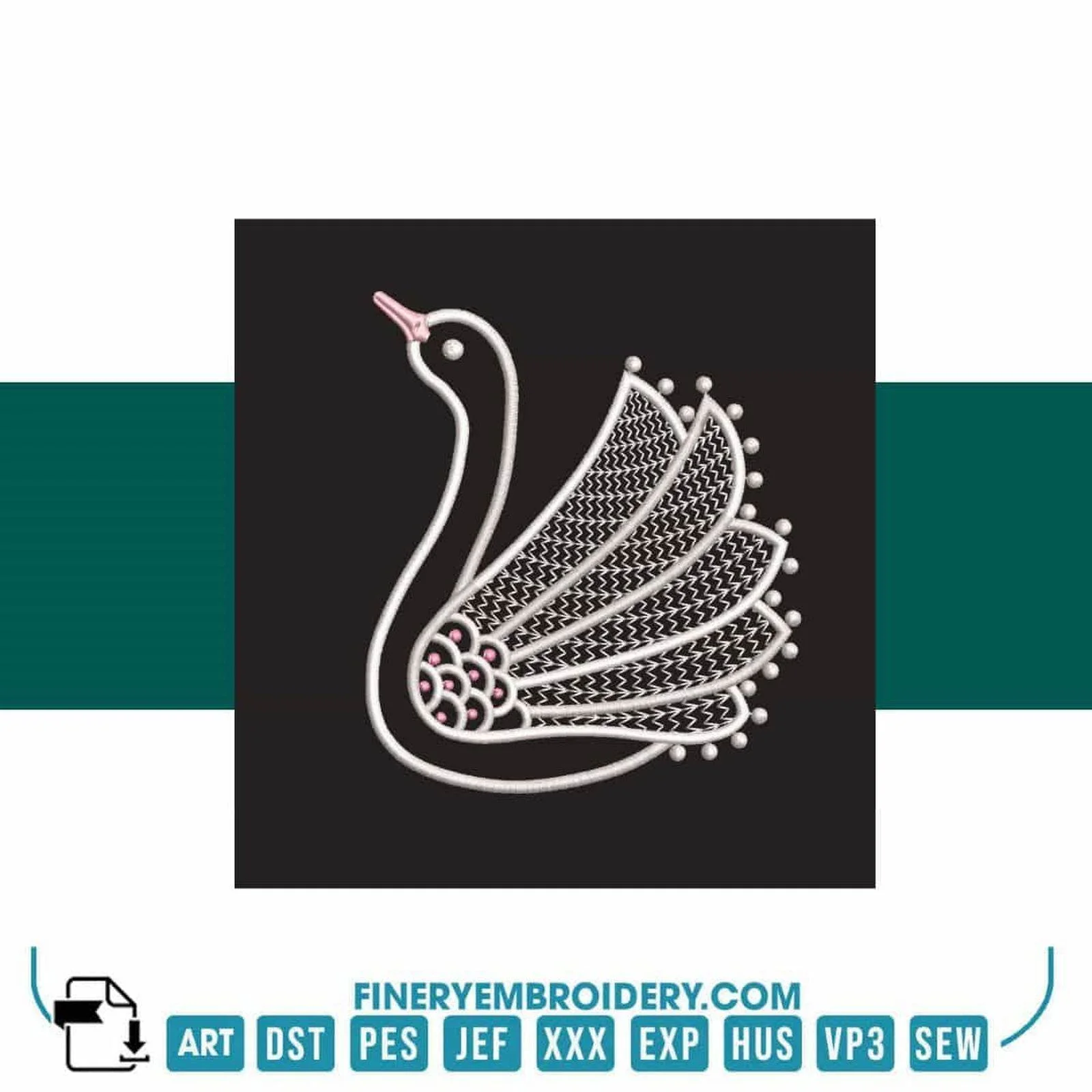 Swan Serenity 3: Exquisite White Embroidery Design