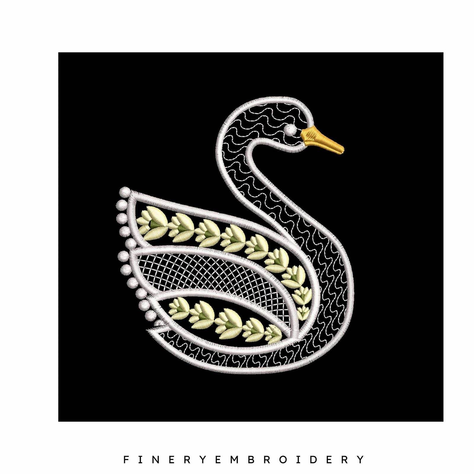 Swan Serenity: Exquisite White Embroidery Design - Image 3