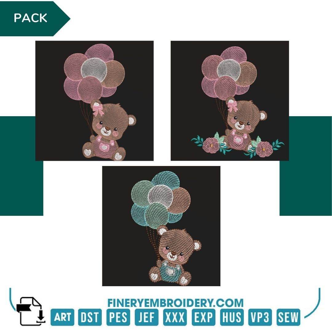 Teddy bear and balloons - Embroidery designs Pack