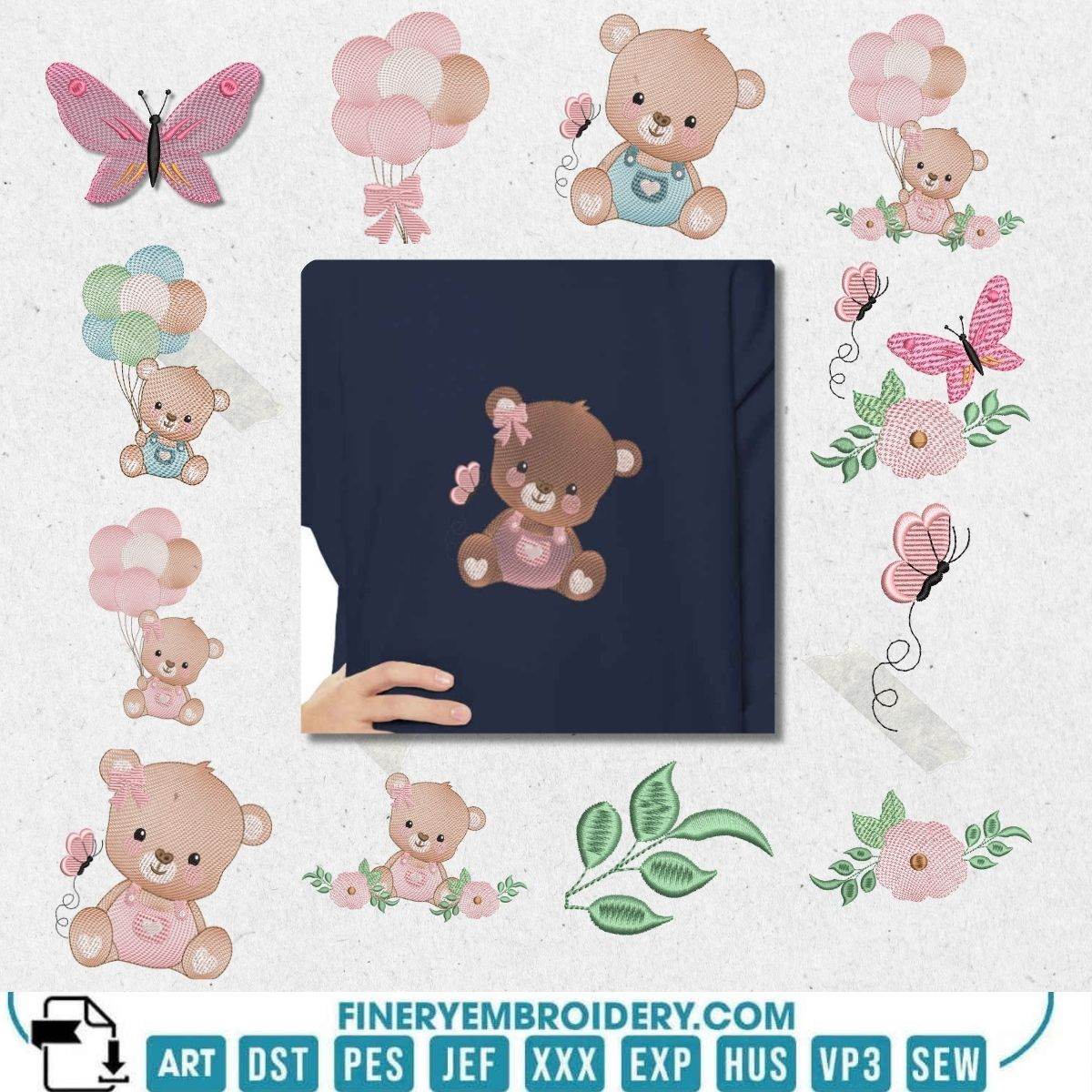 Teddy Bears and Balloons Embroidery Design Pack in Multiple Sizes