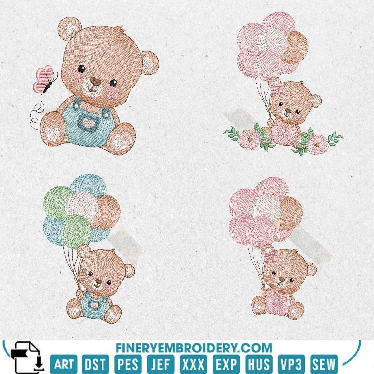 Teddy Bears and Balloons Embroidery Design Pack in Multiple Sizes - Image 2