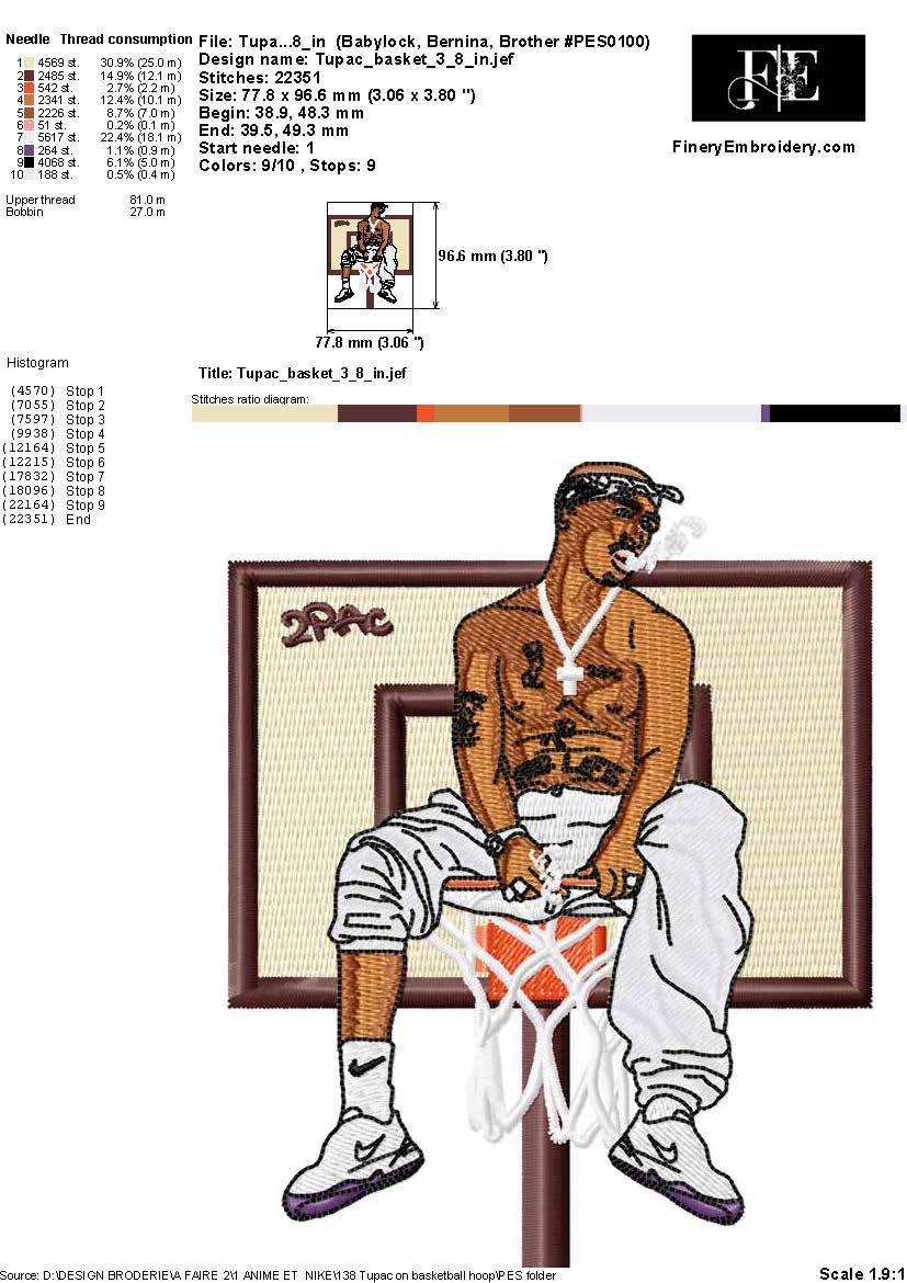 Tupac 2PAC Embroidery Design - Iconic Hip-Hop Street Legend on the Court - Image 3