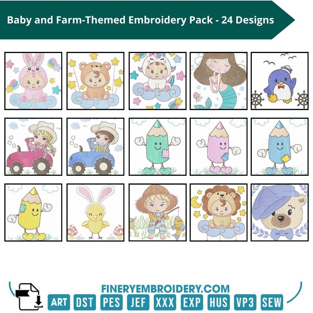 Ultimate Baby and Farm Embroidery Pack – 24 Designs in Multiple Sizes for Endless Creativity