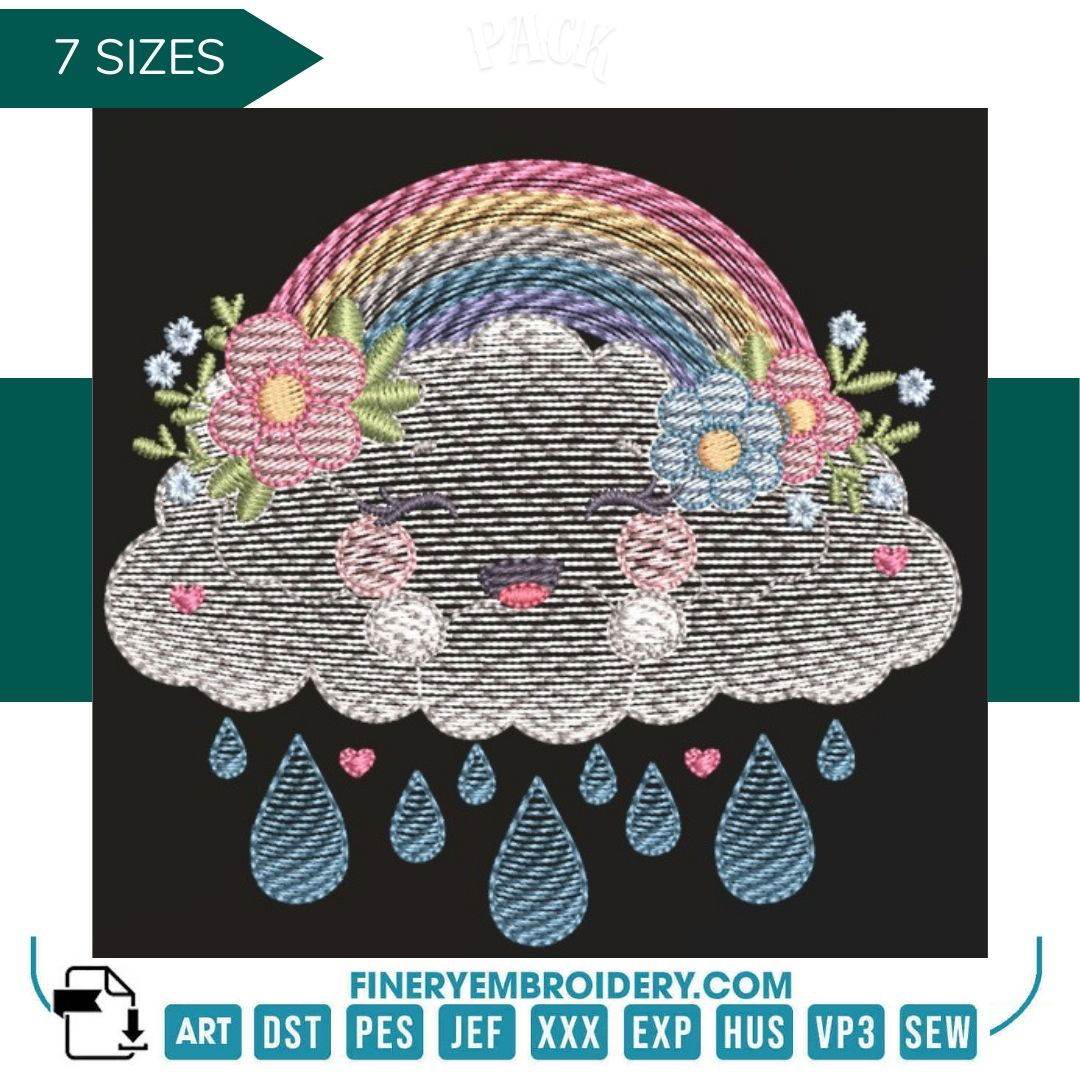 Whimsical cloud adorned with colorful rainbows – 7 Sizes