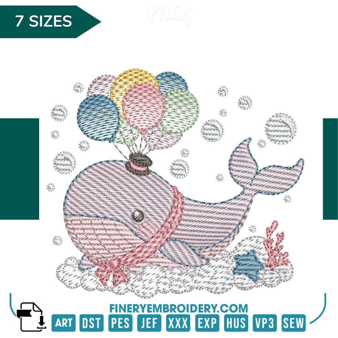 Whimsical Whale with Balloons Embroidery Design - 7 Sizes | FineryEmbroidery